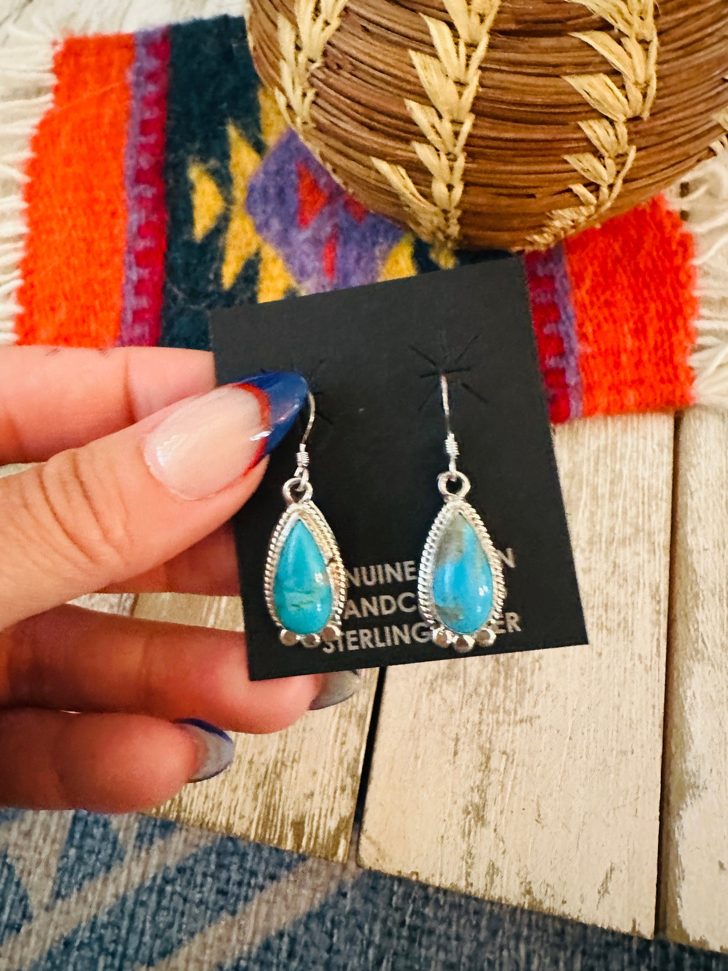 Navajo Sterling Silver & Turquoise Teardrop Dangle Earrings