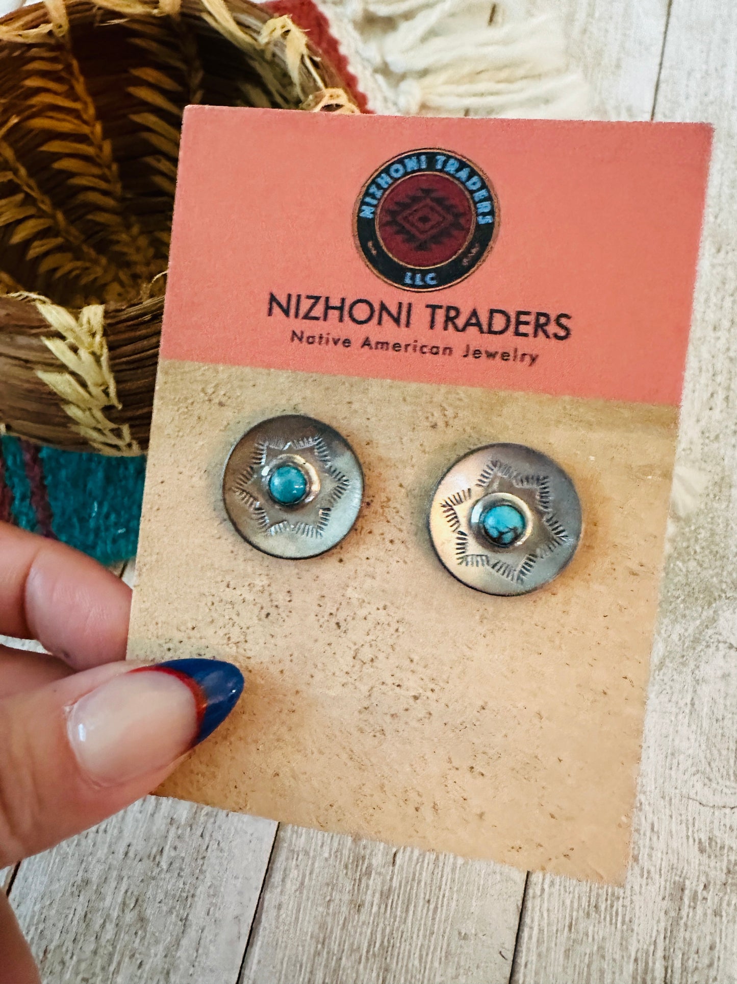 Navajo Sterling Silver & Turquoise Concho Stud Earrings
