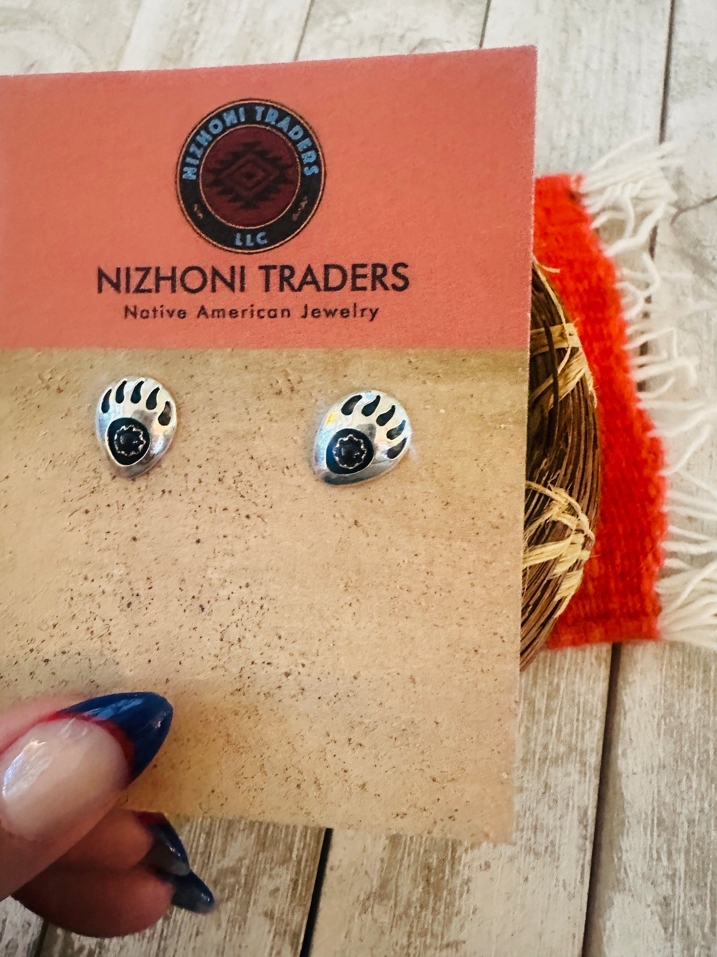 Navajo Onyx & Sterling Silver Bear Paw Stud Earrings