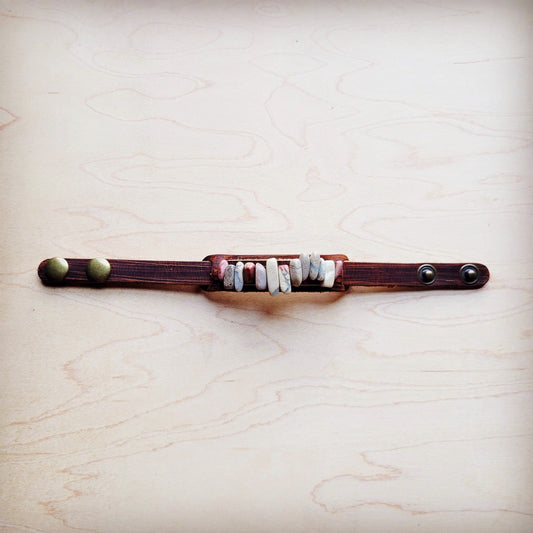 Genuine Leather Narrow Cuff with Aqua Terra Stones 005f