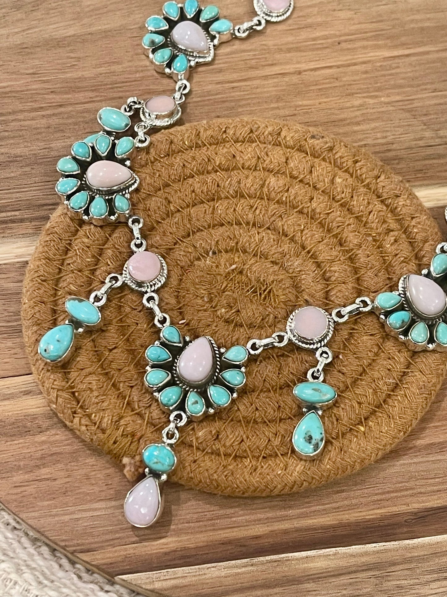 Handcrafted Sterling Silver, Turquoise & Pink Conch Necklace