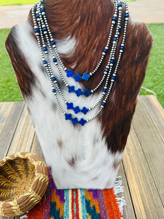 Handcrafted Lapis & Sterling Silver Pearl Cross Beaded Necklace