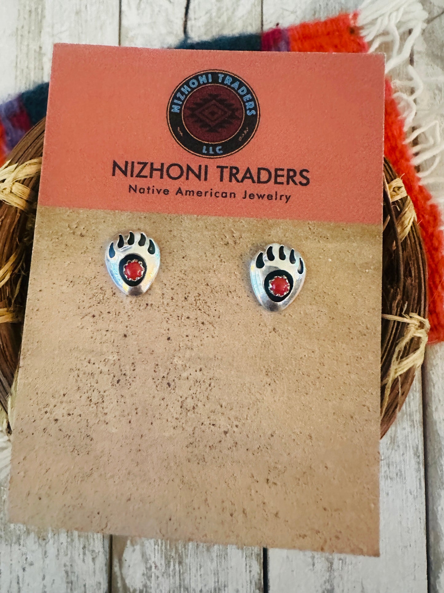 Handcrafted Coral & Sterling Silver Bear Paw Stud Earrings
