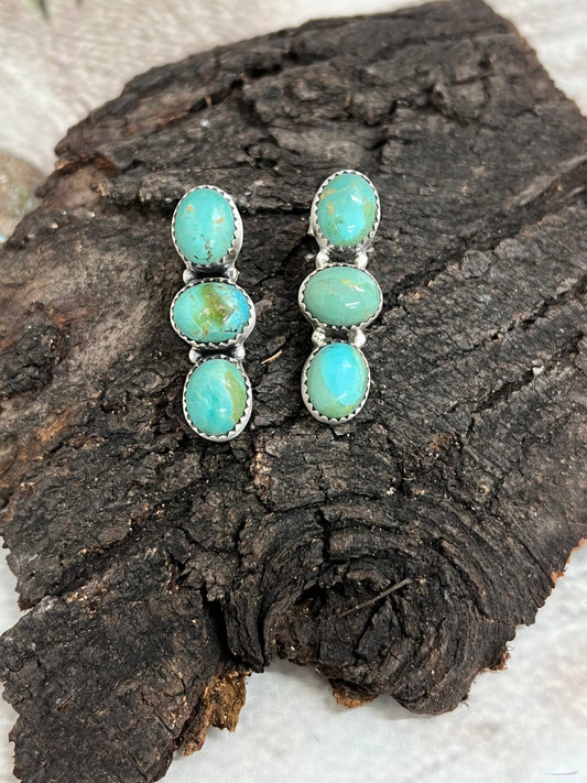 Handmade Sterling Silver Kingman Turquoise Post Dangle Earrings, Signed Nizhoni