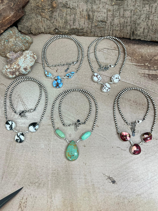 Handmade Sterling Silver Multi Stone Beaded Necklace, Signed Nizhoni