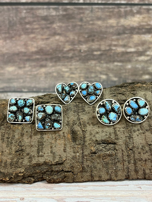 Handmade Sterling Silver Golden Hill Turquoise Post Earrings with Signed Nizhoni