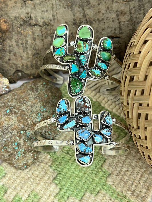 Handmade Sterling Silver Golden Hill, Sonoran Mountain Turquoise Cactus Bracelet with Signed Nizhoni /