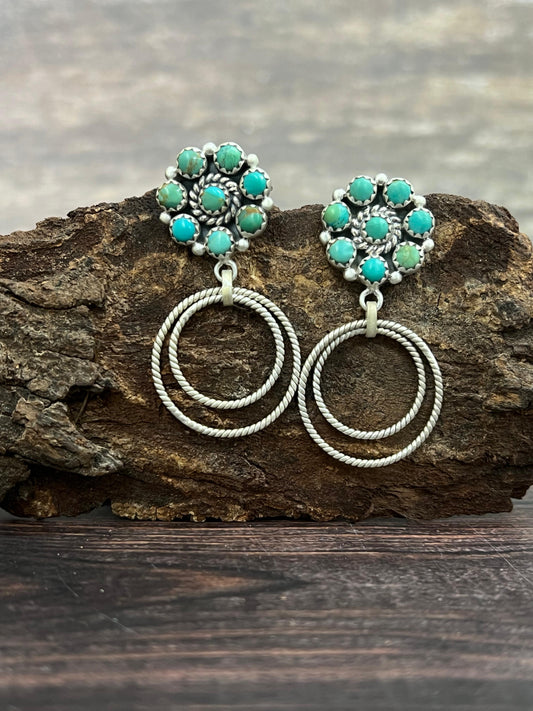 Handmade Sterling Silver Kingman Turquoise Post Dangle Earrings with Signed Nizhoni