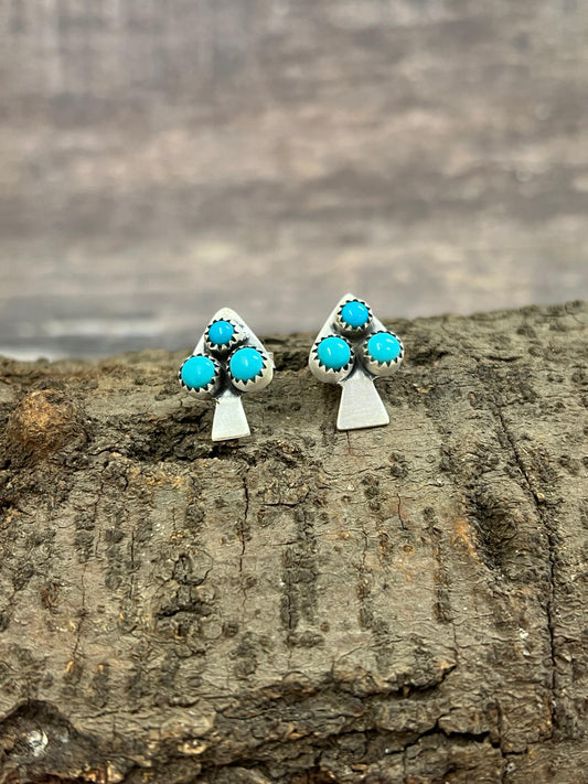 Handmade Sterling Silver Kingman Turquoise Post Earrings with Signed Nizhoni