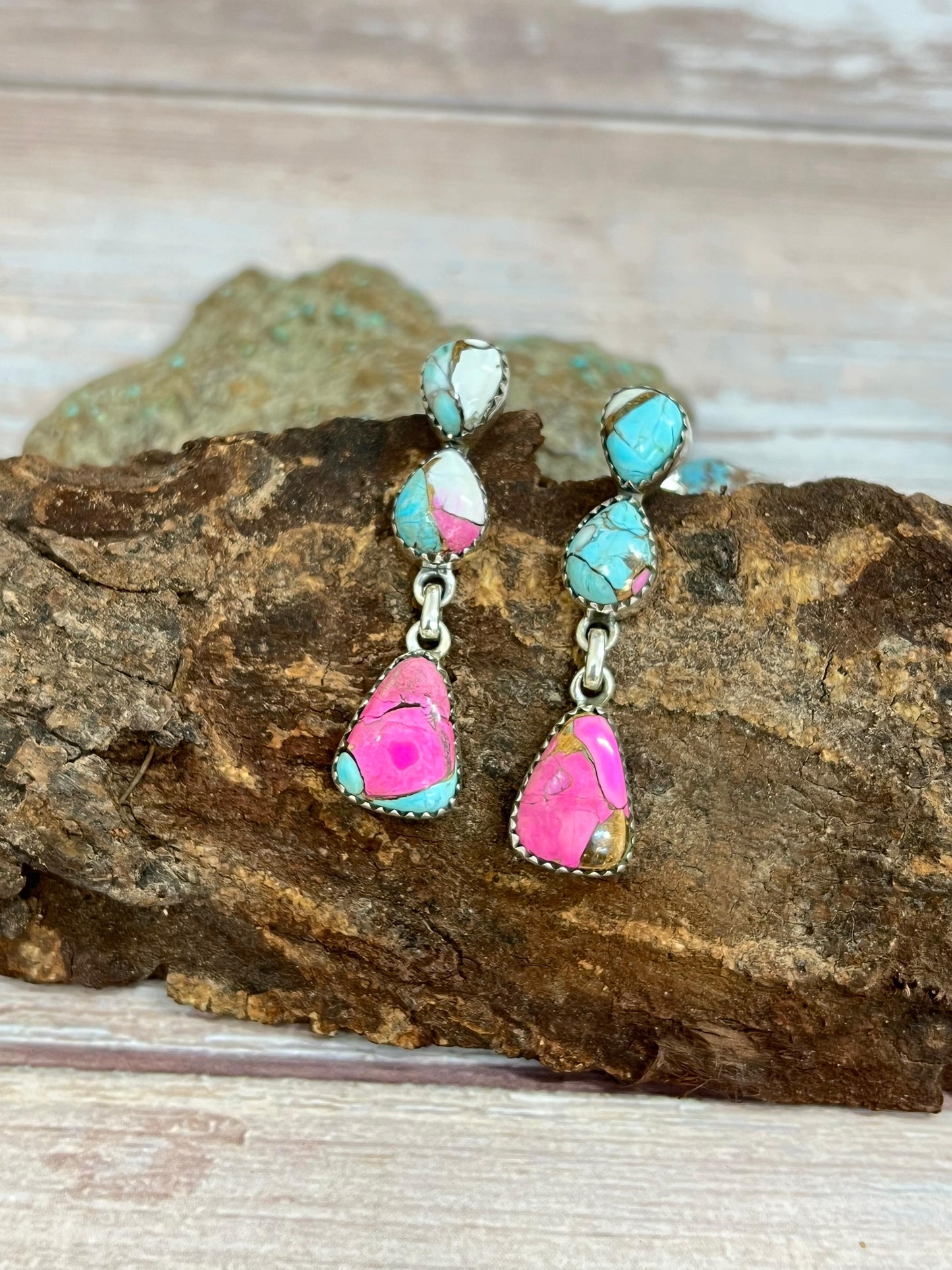 Handmade Sterling Silver Cotton Candy Turquoise Dangle Earrings with Signed Nizhoni