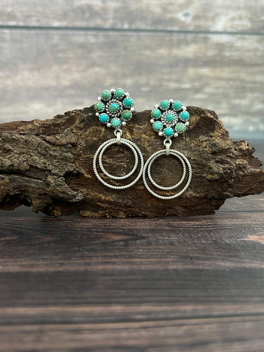 Handmade Sterling Silver Kingman Turquoise Post Dangle Earrings with Signed Nizhoni