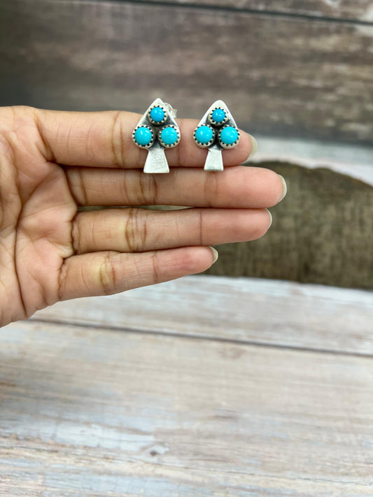 Handmade Sterling Silver Kingman Turquoise Post Earrings with Signed Nizhoni