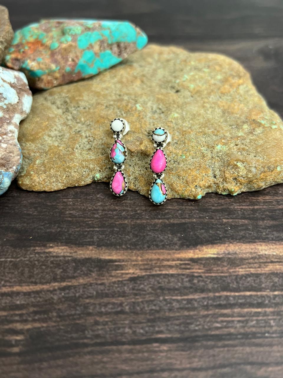 Handmade Sterling Silver Cotton Candy Turquoise Dangle Earrings with Signed Nizhoni