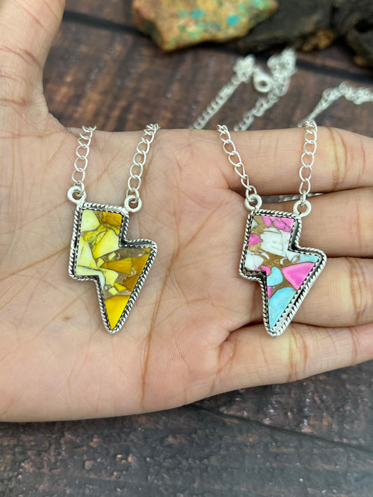 Handmade Sterling Silver Cotton Candy, Honey Dahlia Lightning Bolt Necklace Signed Nizhoni (3)