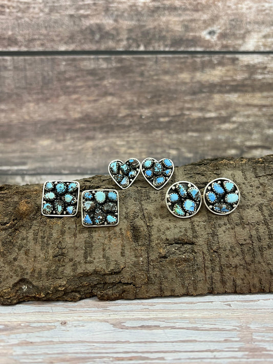 Handmade Sterling Silver Golden Hill Turquoise Post Earrings with Signed Nizhoni