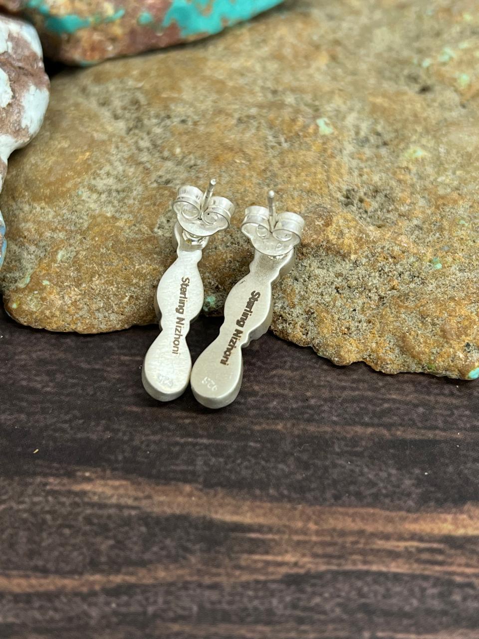 Handmade Sterling Silver Cotton Candy Turquoise Dangle Earrings with Signed Nizhoni