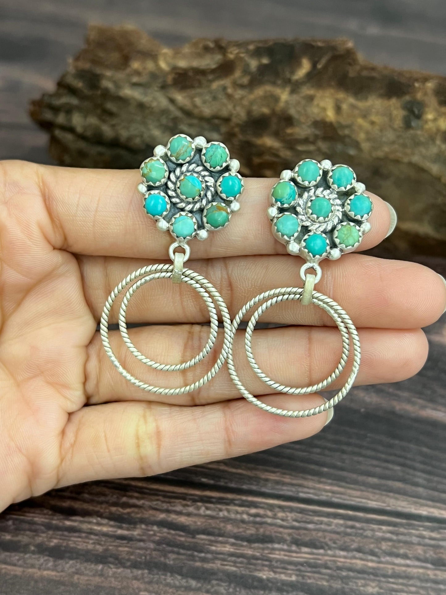 Handmade Sterling Silver Kingman Turquoise Post Dangle Earrings with Signed Nizhoni