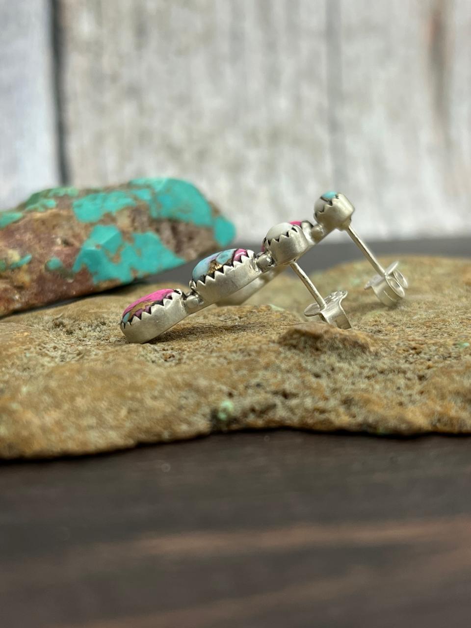 Handmade Sterling Silver Cotton Candy Turquoise Dangle Earrings with Signed Nizhoni