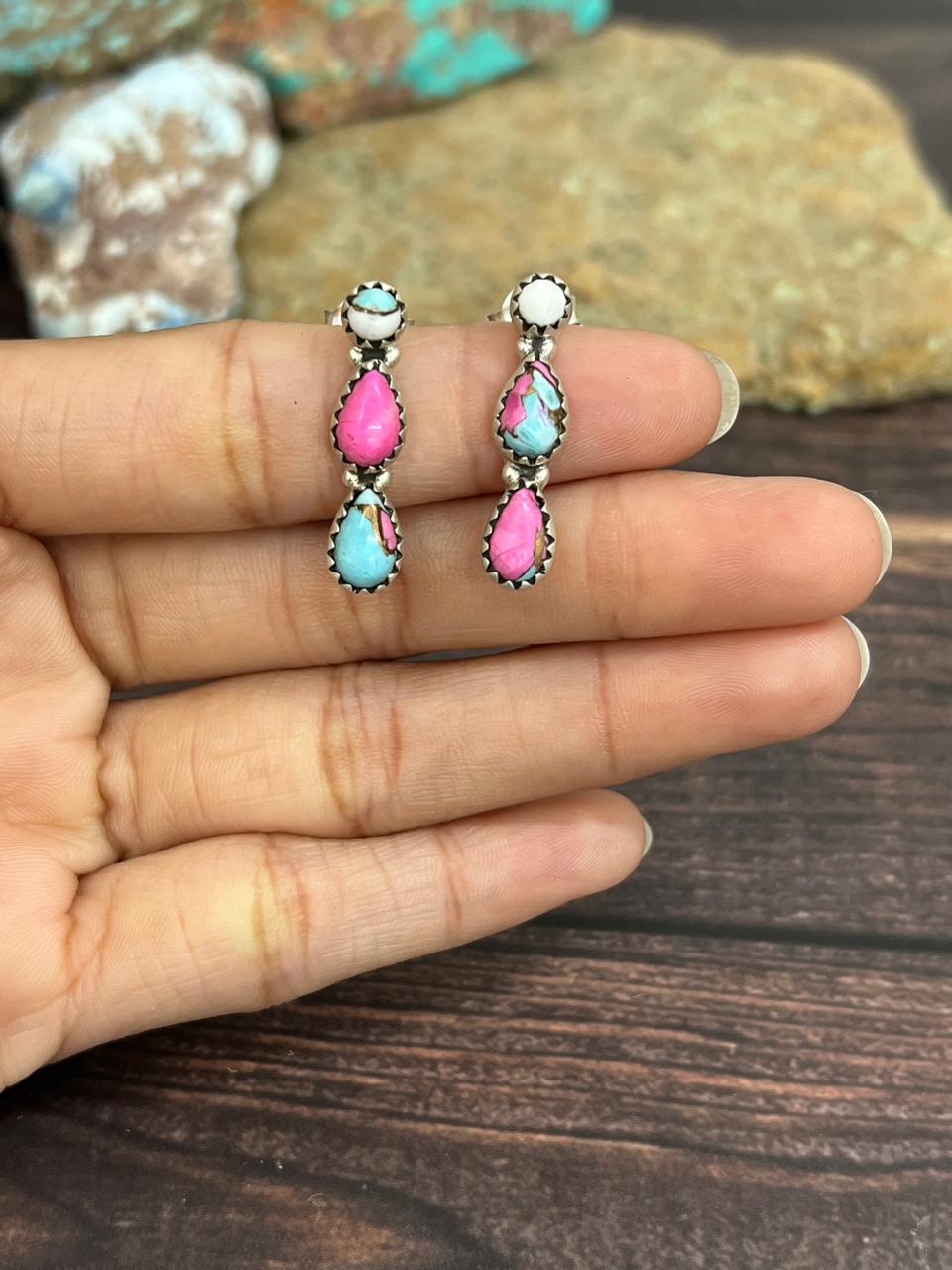 Handmade Sterling Silver Cotton Candy Turquoise Dangle Earrings with Signed Nizhoni