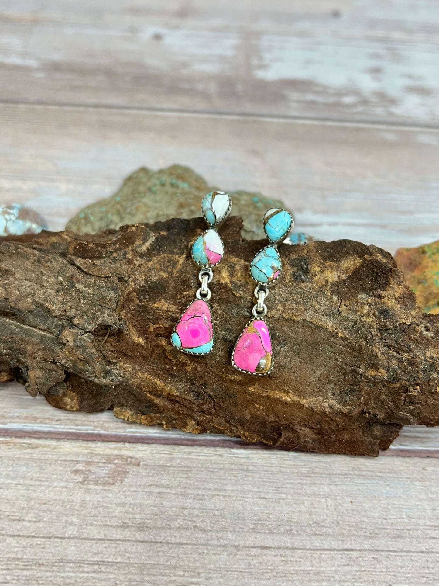 Handmade Sterling Silver Cotton Candy Turquoise Dangle Earrings with Signed Nizhoni