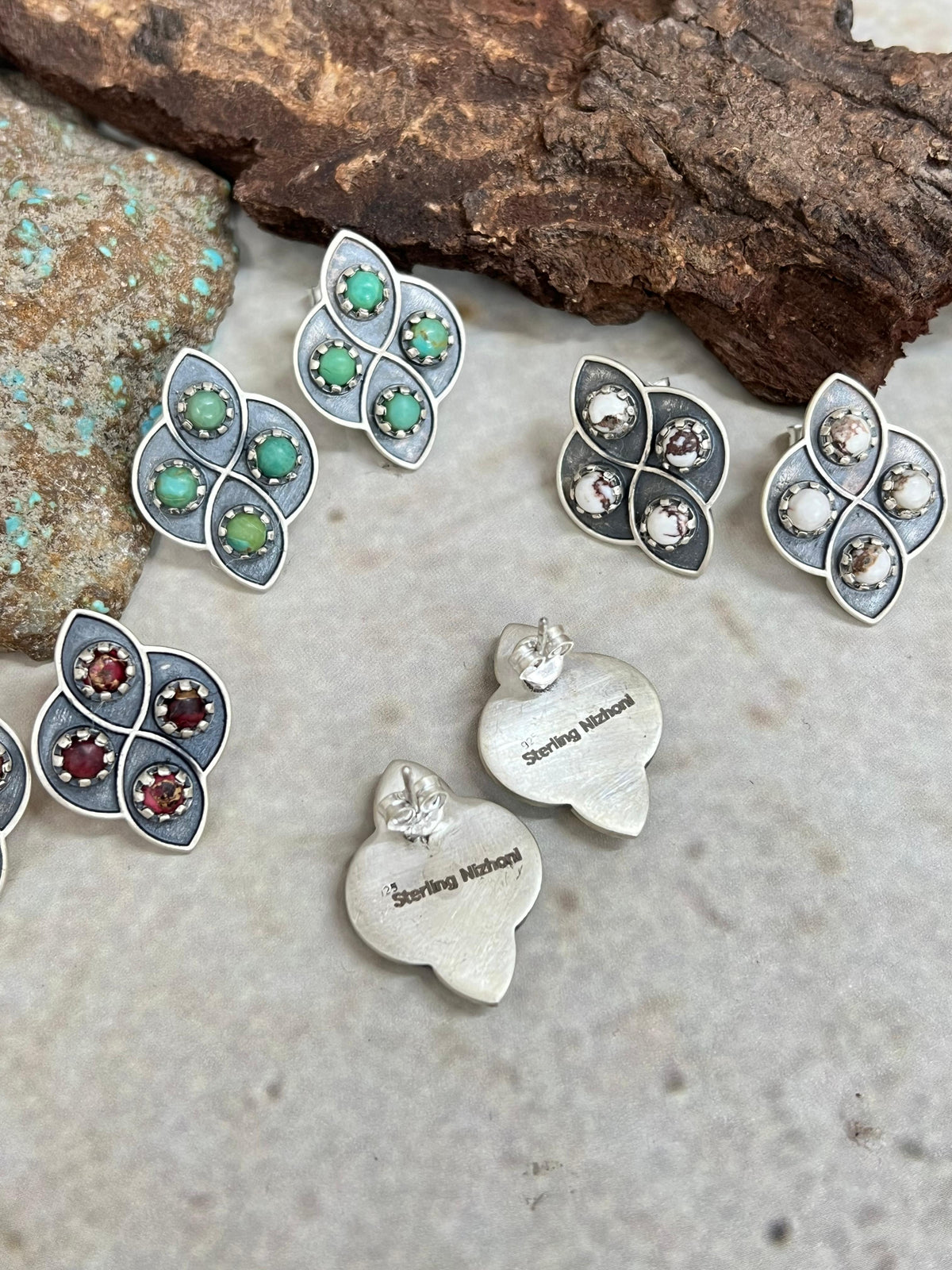 Handmade Sterling Silver Multi Stone Post Studs with Signed Nizhoni