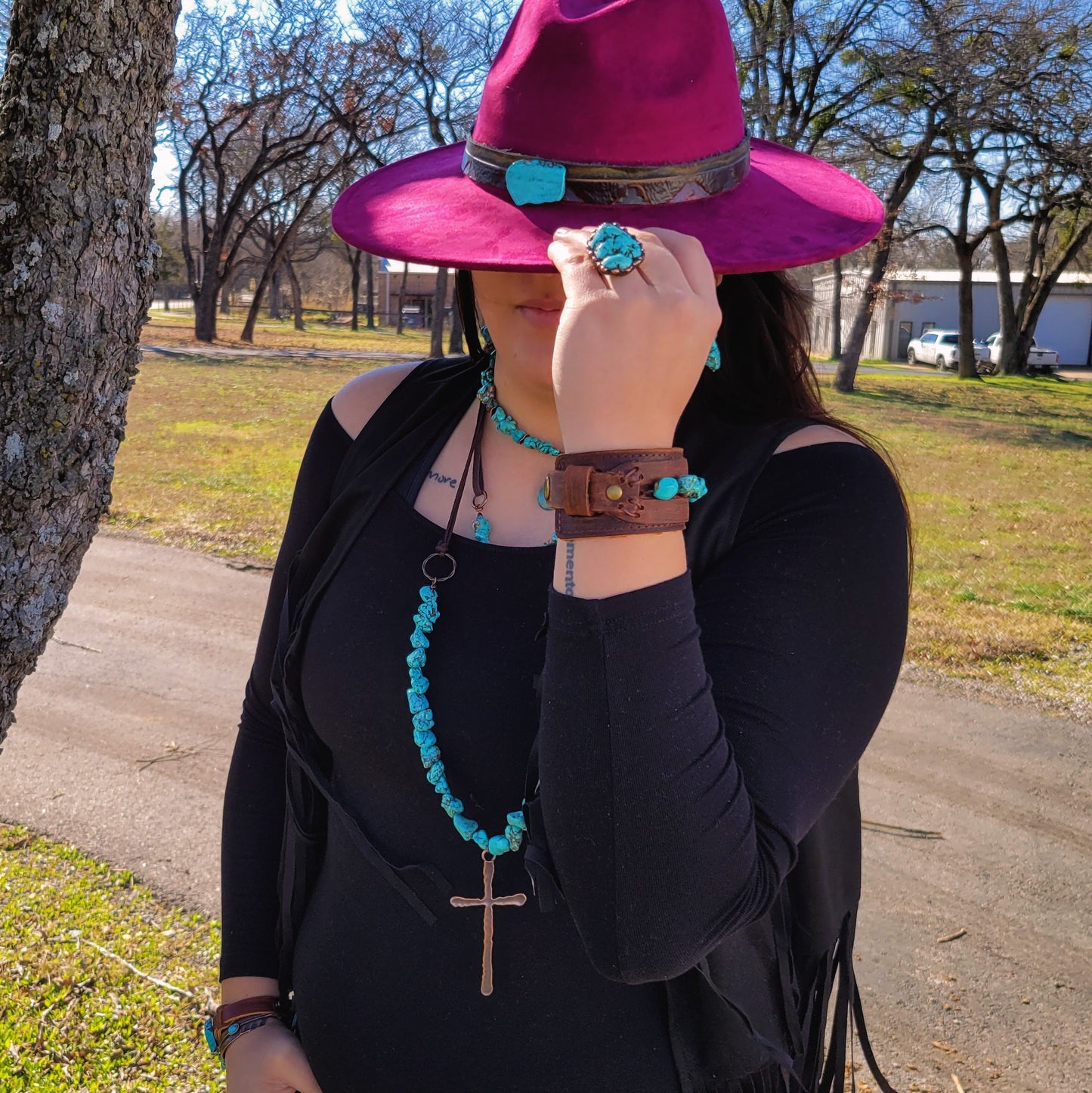 Western Blue Turquoise and Copper Cross Pendant Necklace 251p