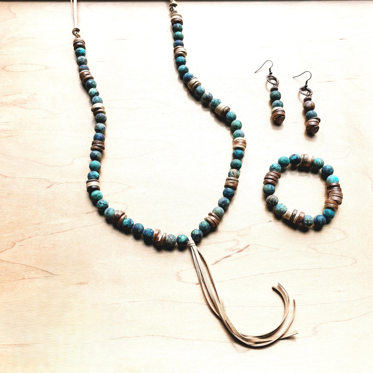 Frosted African Turquoise Necklace Wood Beads Leather Tassel 257z