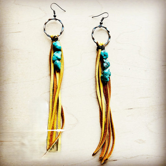 Leather Fringe Earrings with Turquoise Chunks Mustard 218o