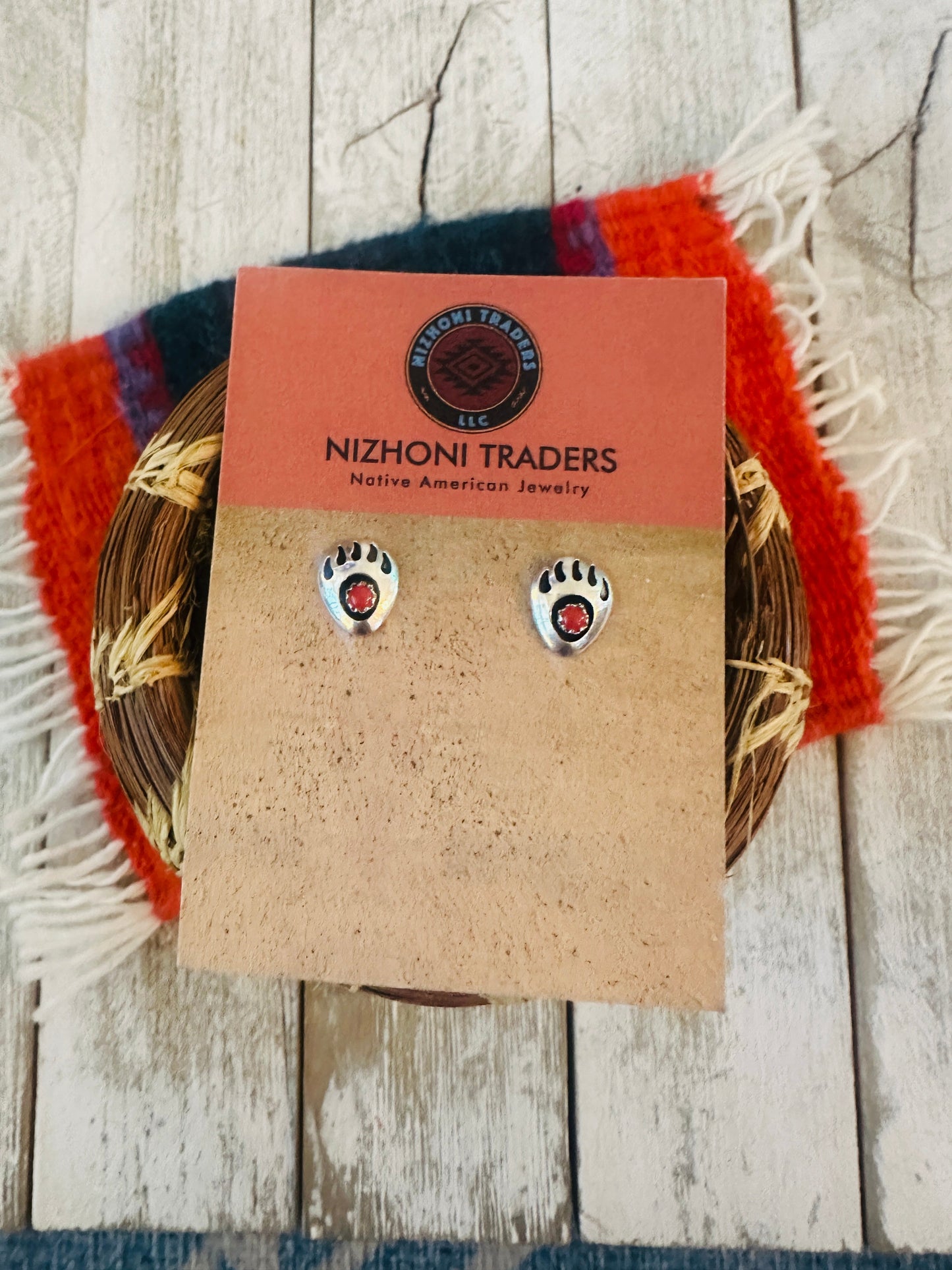 Navajo Coral & Sterling Silver Bear Paw Stud Earrings