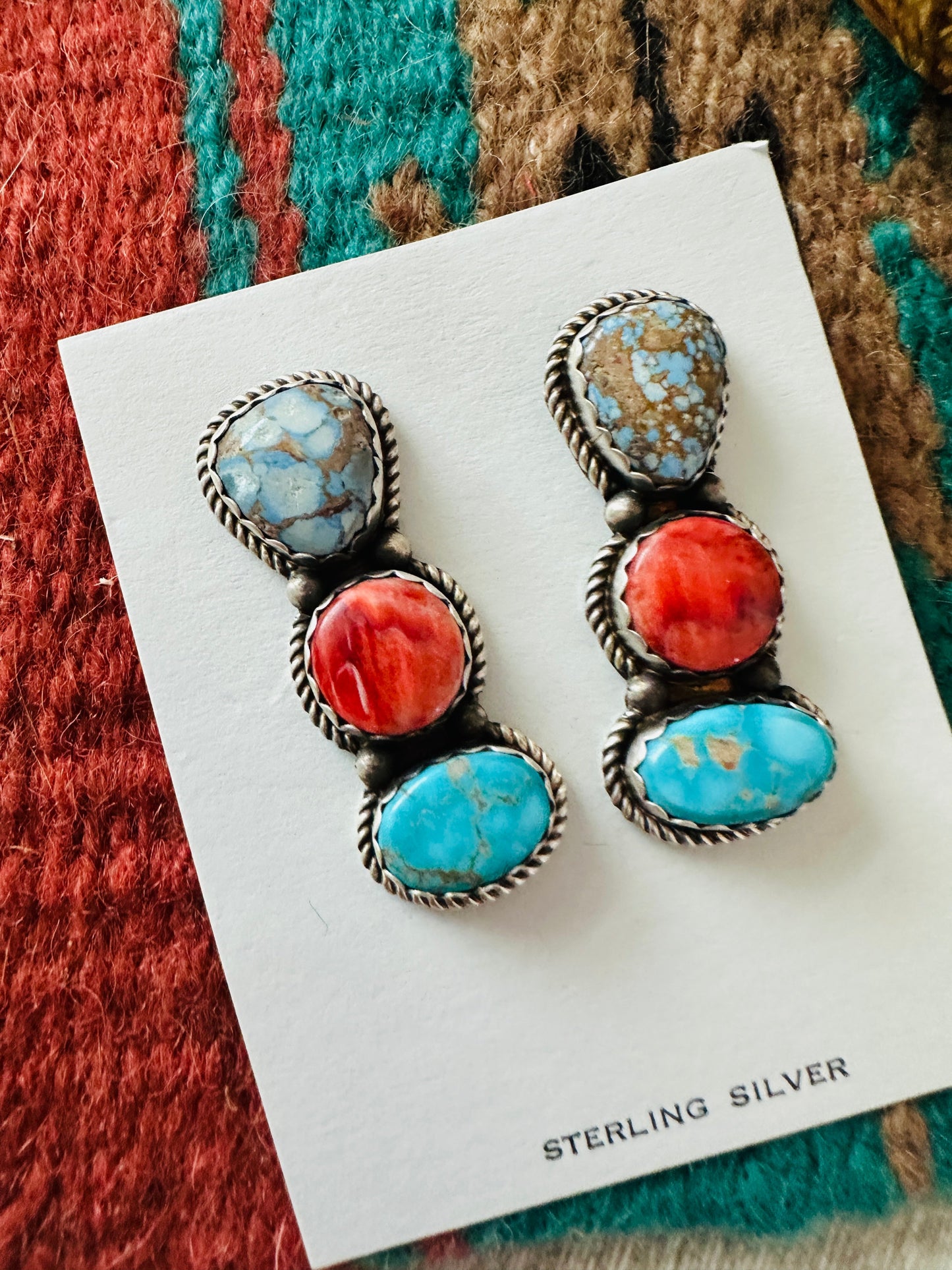 Navajo Orange Spiny, Turquoise and Sterling Silver Dangle Earrings