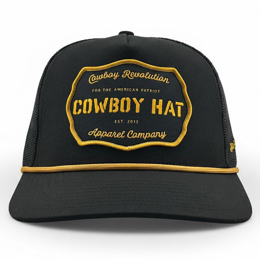 “Cowboy Hat” Patch Rope Trucker Hat - Black