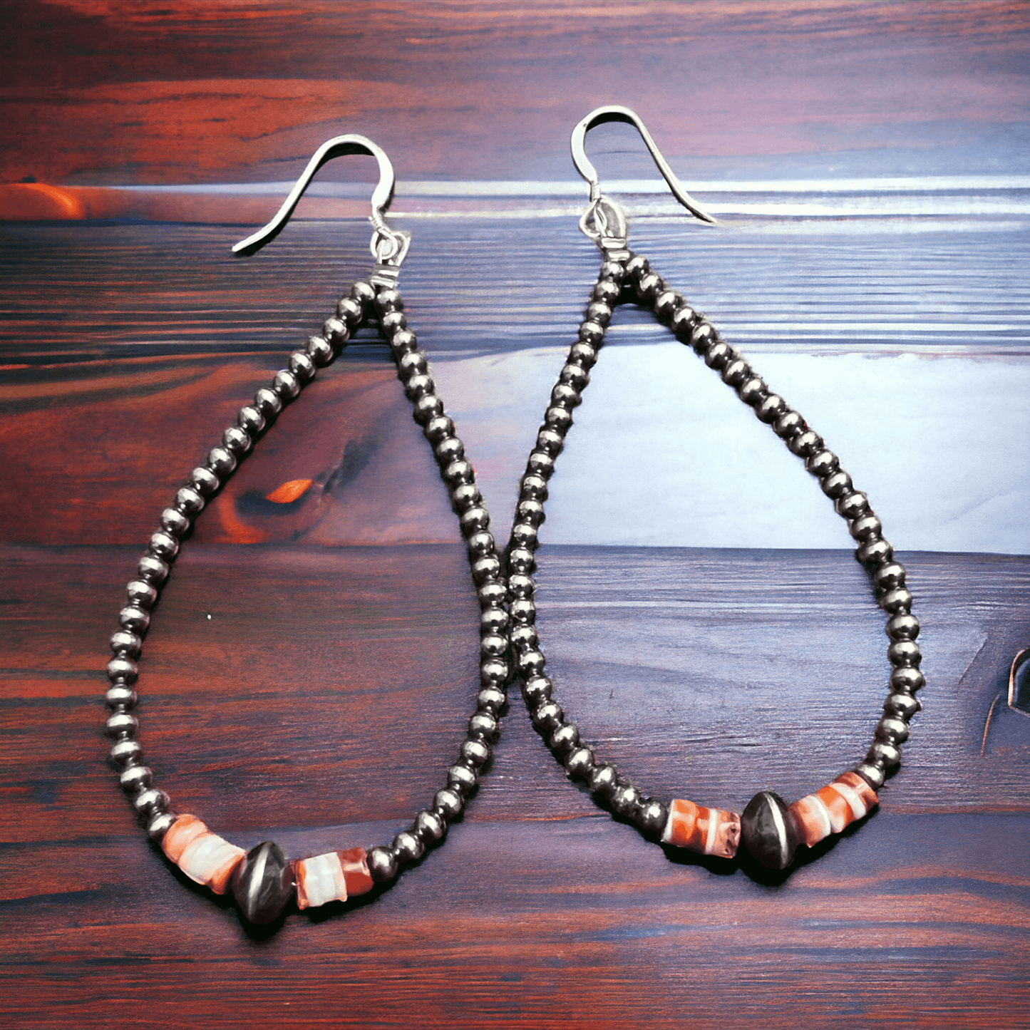 3mm teardrop Sterling Silver Pearls earrings with orange Spiny Oyster - 3 1/4 inch drop