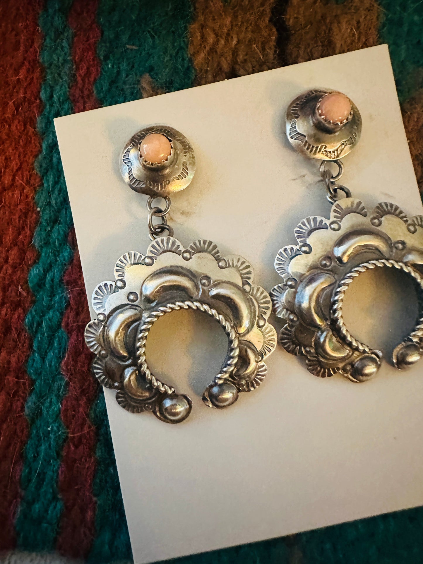Navajo Queen Pink Conch & Sterling Silver Naja Dangle Earrings By Tim Yazzie