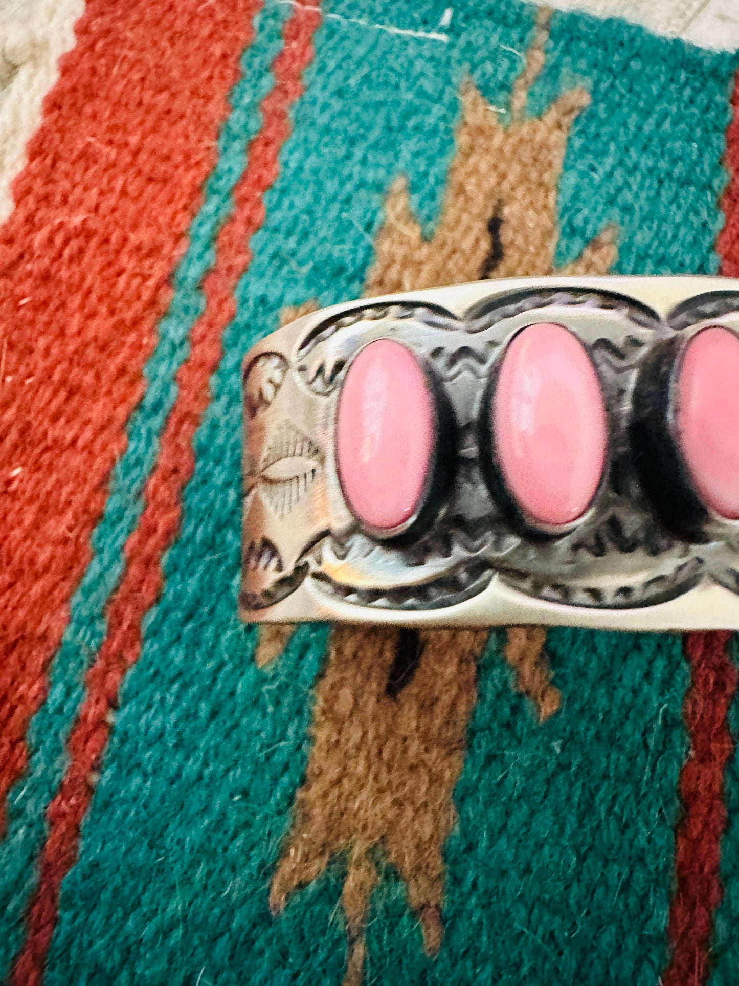 Navajo Sterling Silver & Queen Pink Conch Cuff Bracelet by Chimney Butte