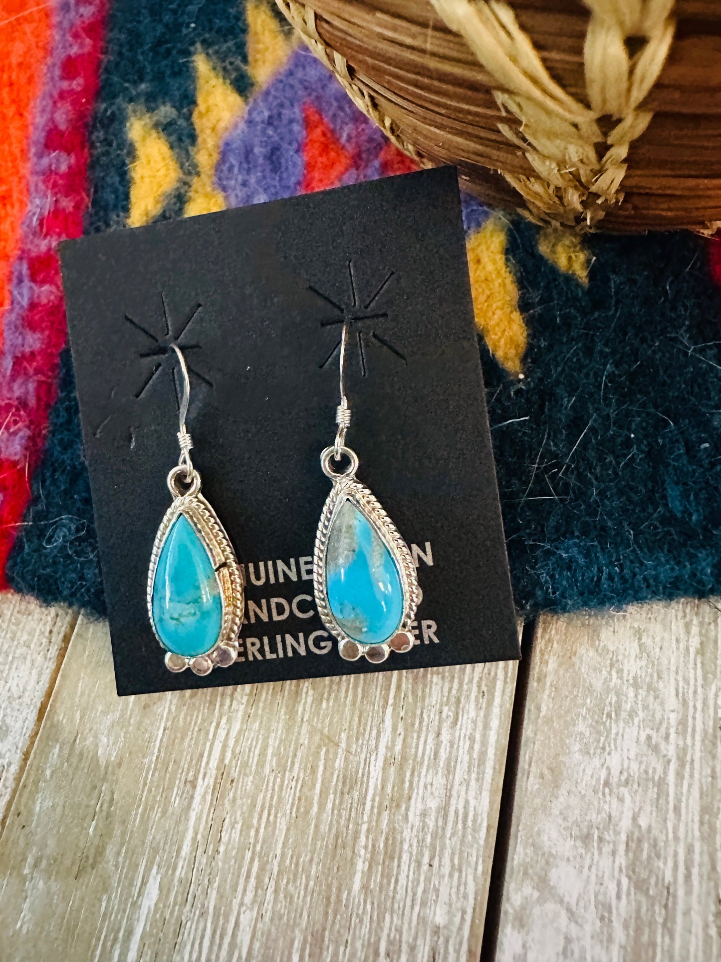 Navajo Sterling Silver & Turquoise Teardrop Dangle Earrings
