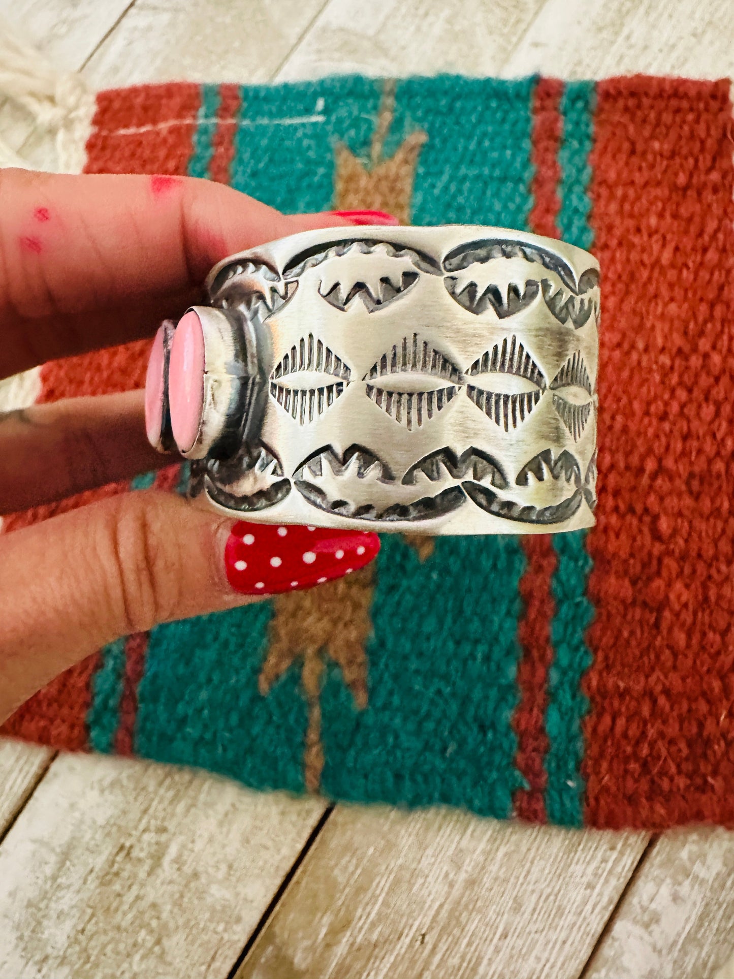 Navajo Sterling Silver & Queen Pink Conch Cuff Bracelet by Chimney Butte