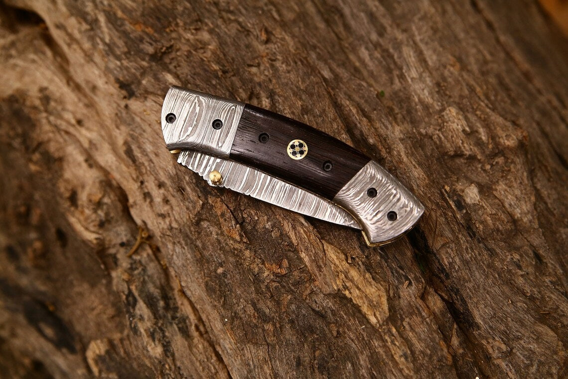 Custom Handmade Damascus Steel Tanto Blade EDC Folding Pocket Knife | 3-Inch Blade, Wenge Wood Handle, Leather Case | Groomsman Gift