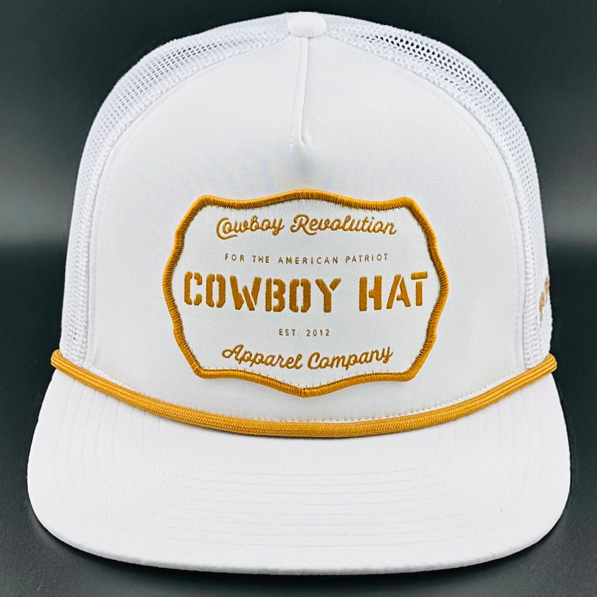 “Cowboy Hat” Patch Rope Trucker Hat - White