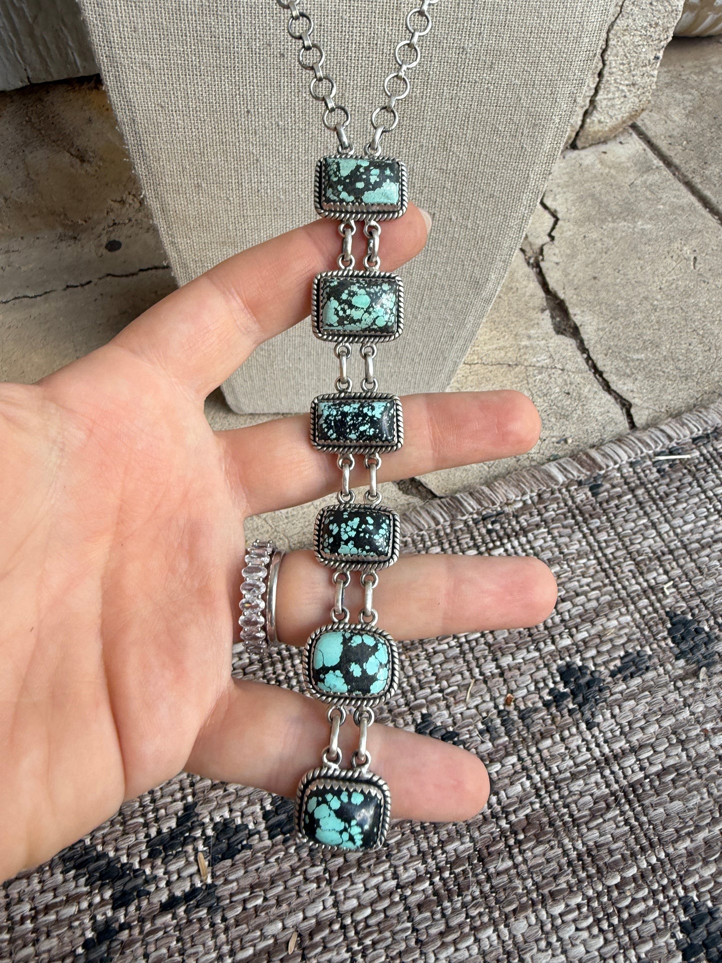 Handmade Sterling Silver & New Lander Turquoise Drop Necklace Signed Nizhoni