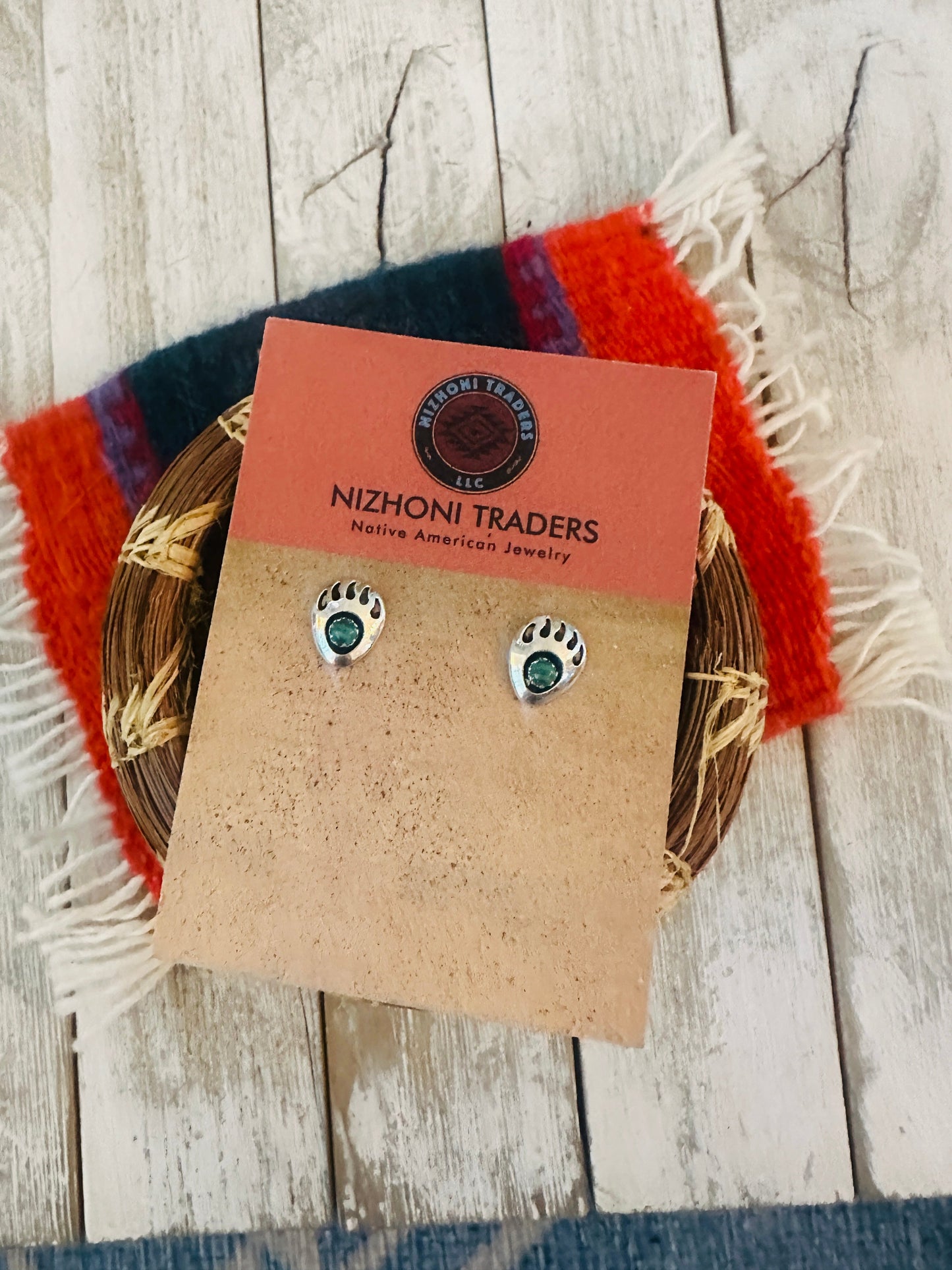 Navajo Malachite & Sterling Silver Bear Paw Stud Earrings