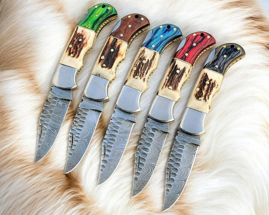 Handmade Damascus Folding Knife | Stag & Exotic Wood