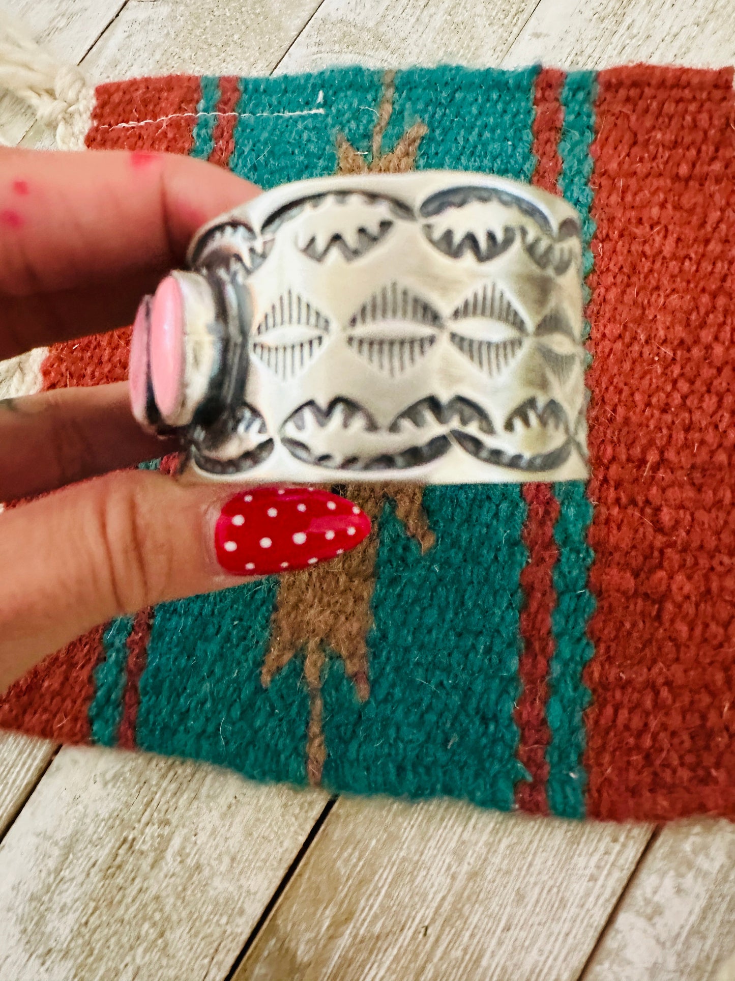 Navajo Sterling Silver & Queen Pink Conch Cuff Bracelet by Chimney Butte