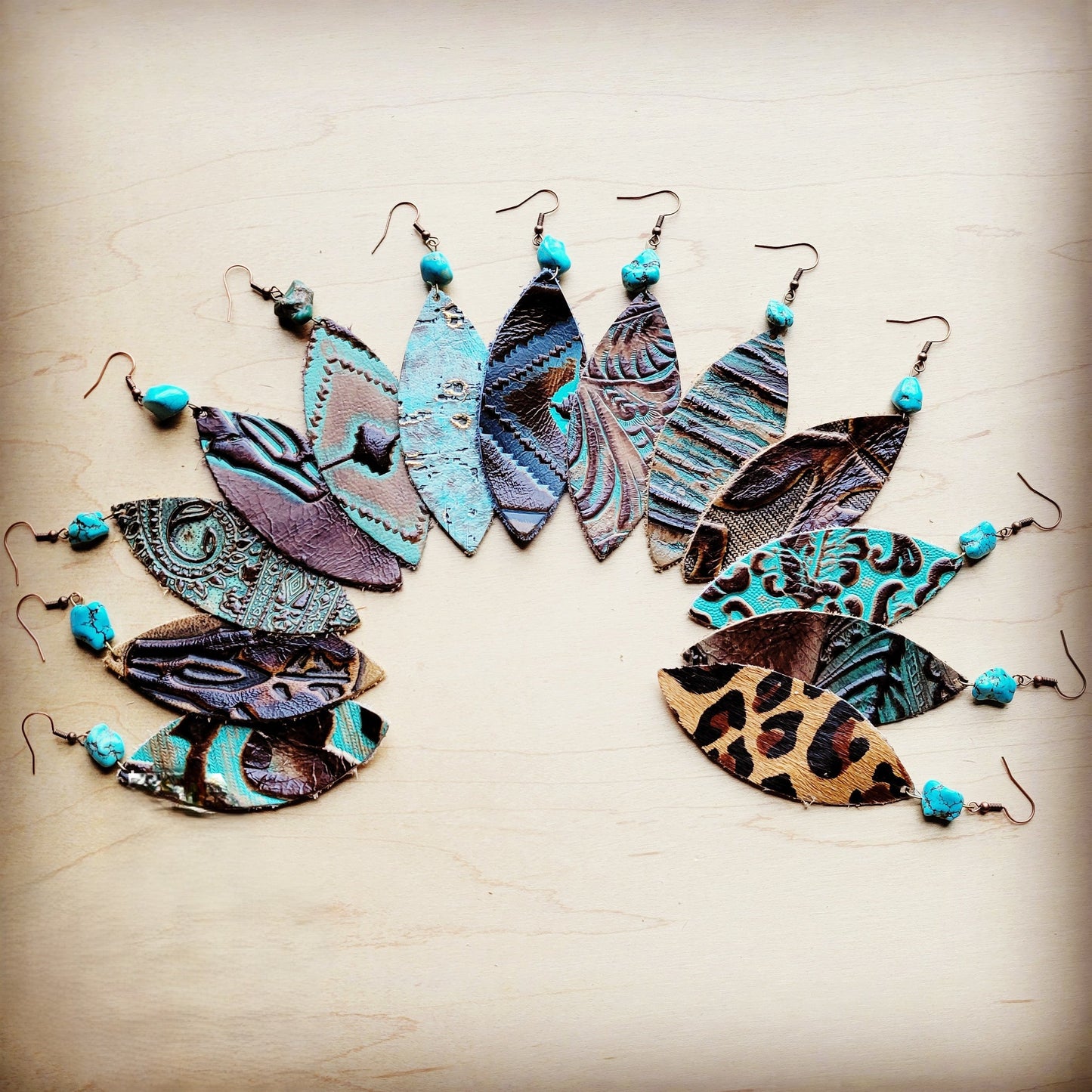 Leather Narrow Oval Earrings in Navajo w/ Turquoise Accent 206o