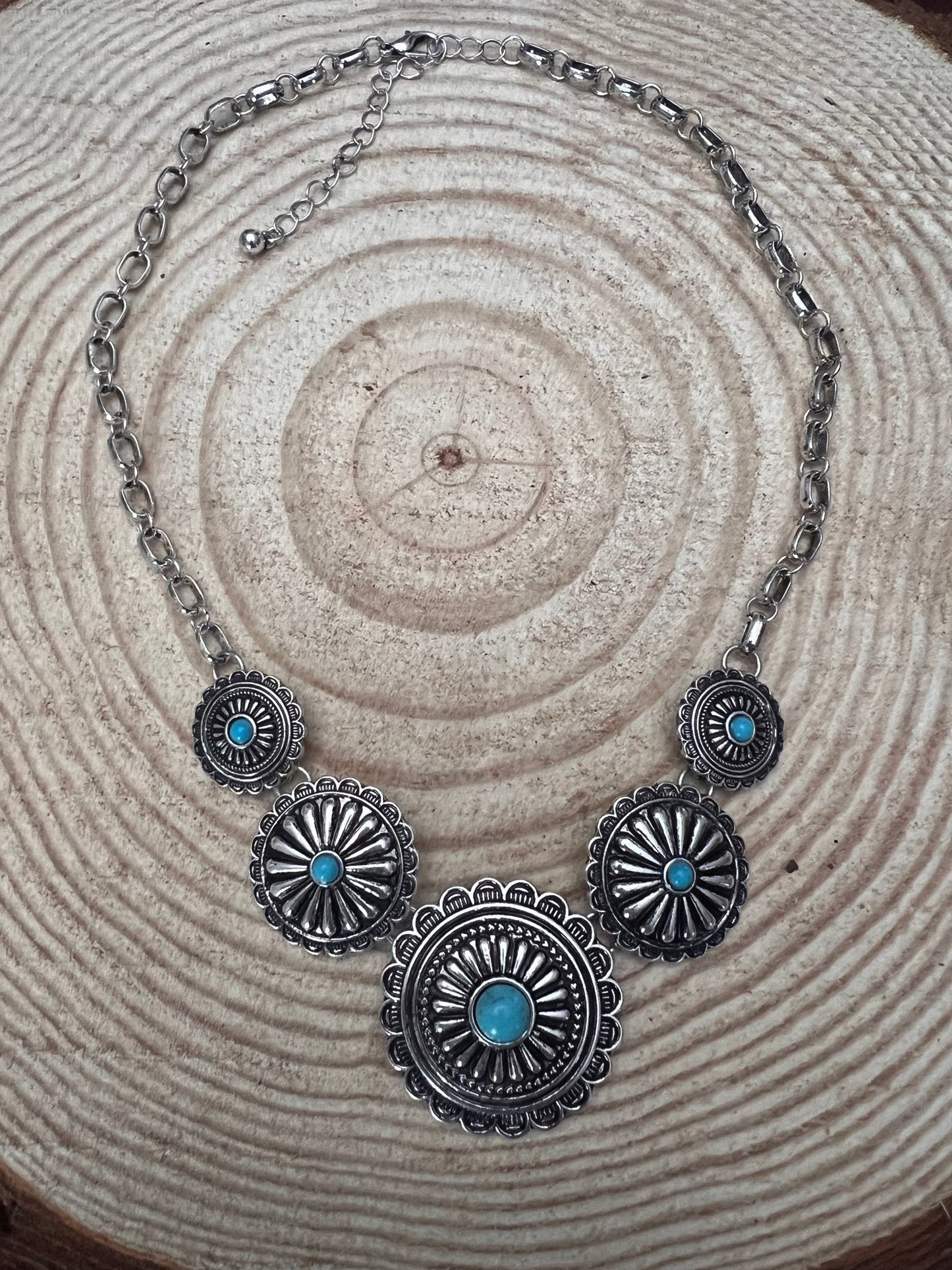 5 Conchos with Faux Turquoise Necklace - 18 inch + 3 inch extender