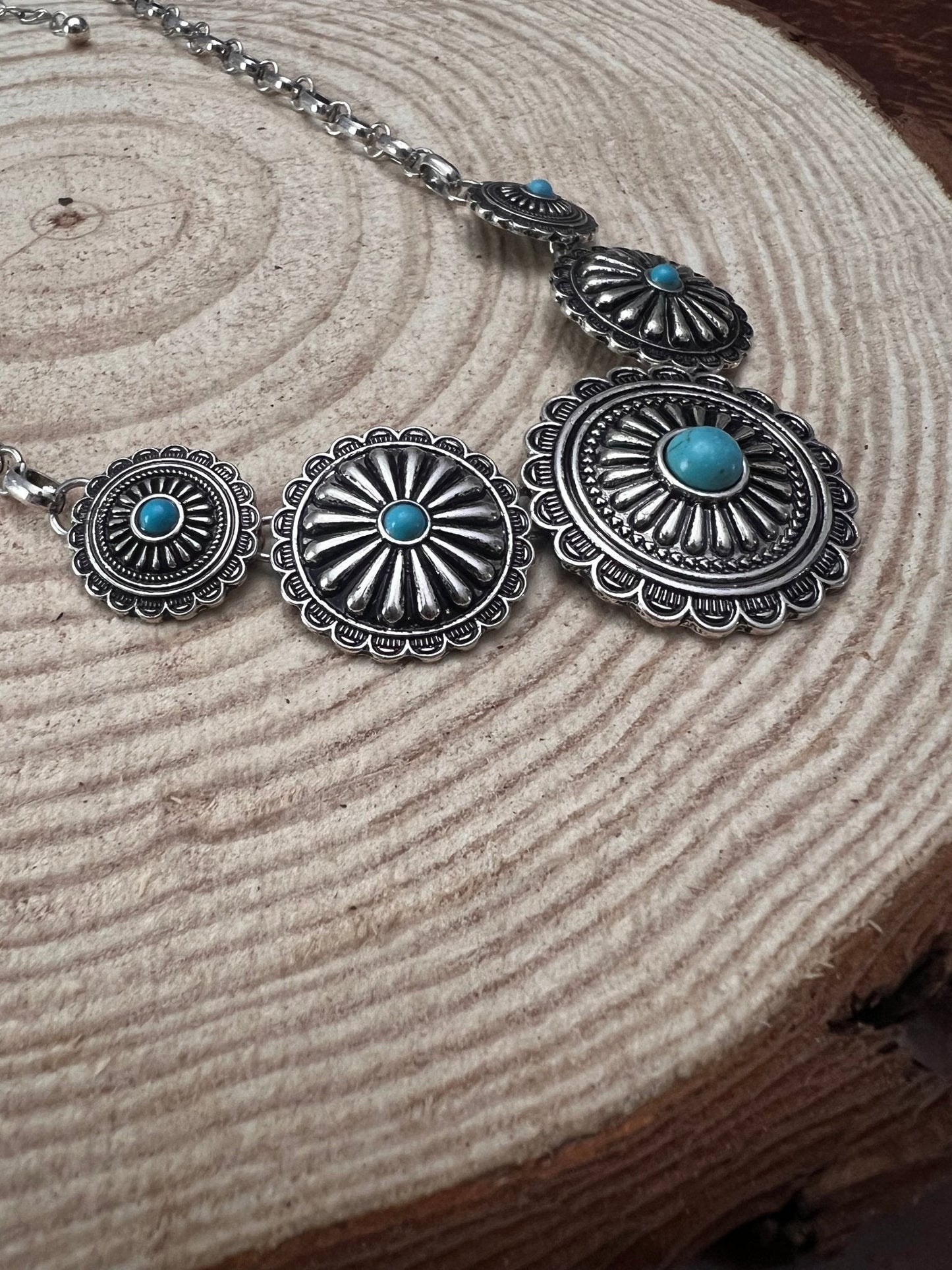 5 Conchos with Faux Turquoise Necklace - 18 inch + 3 inch extender