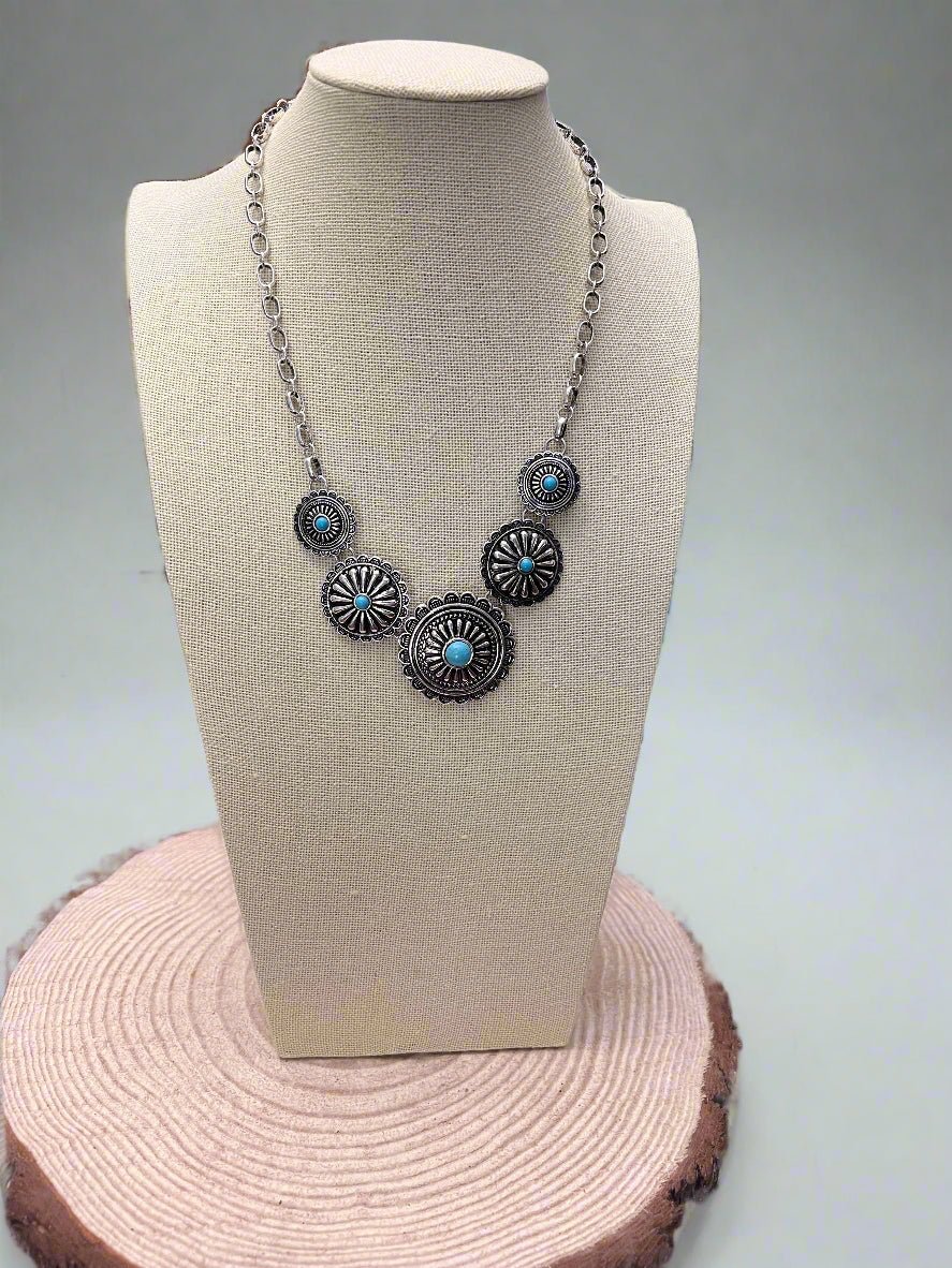 5 Conchos with Faux Turquoise Necklace - 18 inch + 3 inch extender