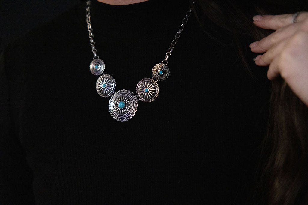 5 Conchos with Faux Turquoise Necklace - 18 inch + 3 inch extender