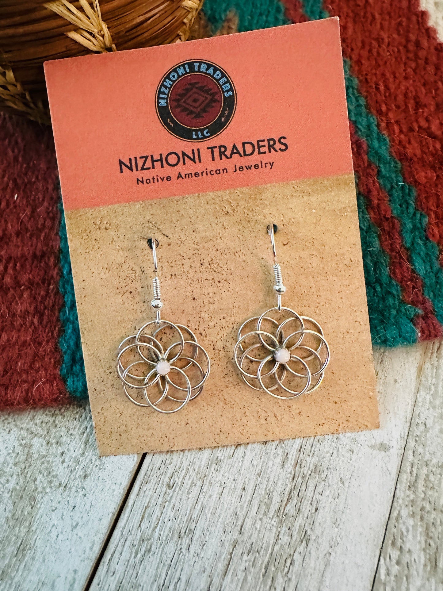 Navajo Queen Pink Conch & Sterling Silver Flower Dangle Earrings