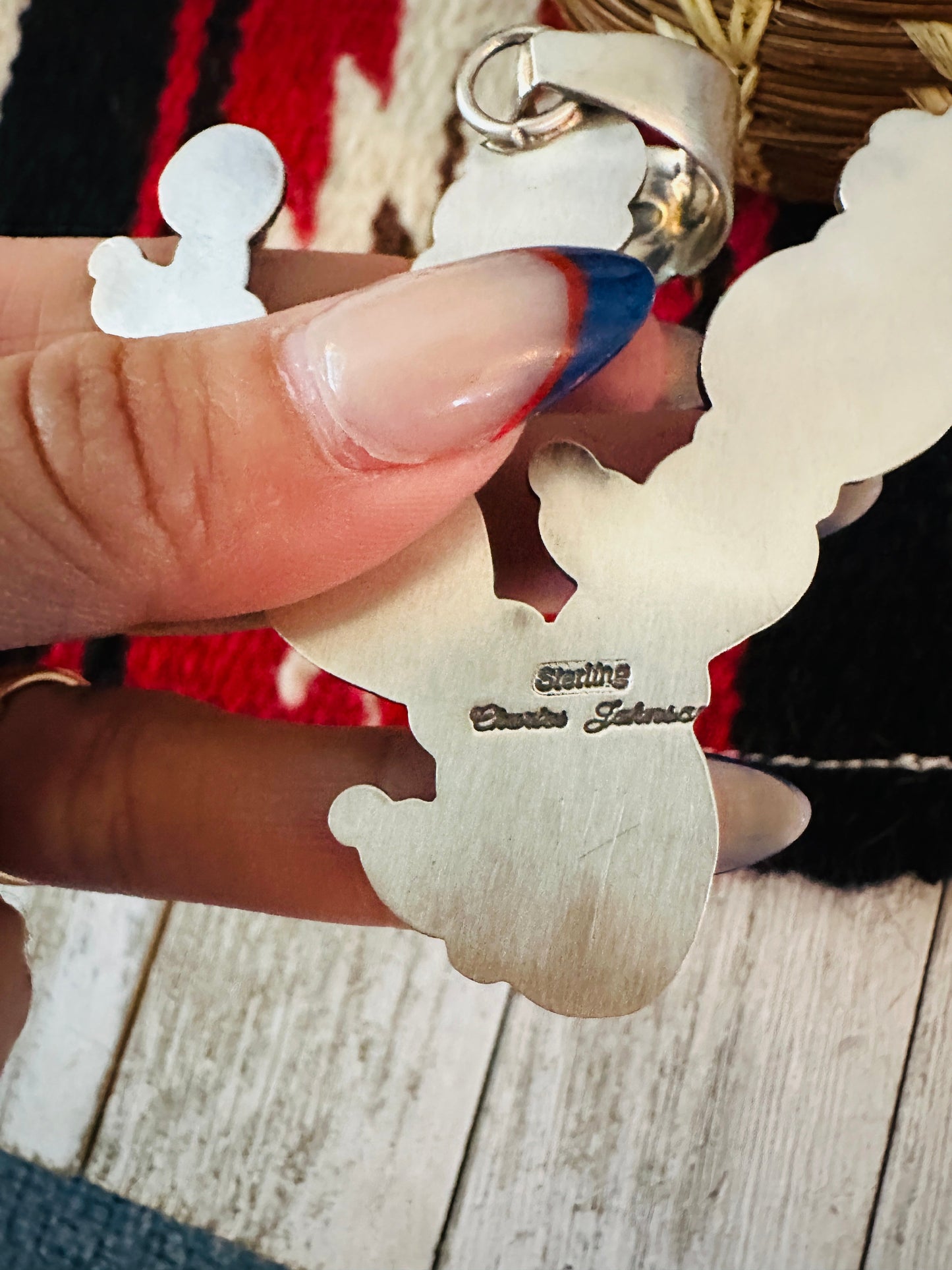 Handcrafted Turquoise, Coral and Sterling Silver Cactus Pendant by Charles Johnson