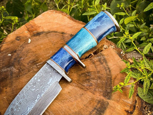 14-Inch Raindrops Damascus Steel Hunting Bowie Knife | Custom Handcrafted with Colored Bone Handle & Leather Sheath | KBS Knives